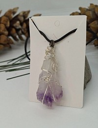 Amethyst Raw Crystal Cluster Wire Wrapped Pendant Necklace